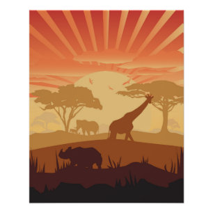 Safari-Sonnenuntergang-Wildtier-Silhouette-Wandkun Poster