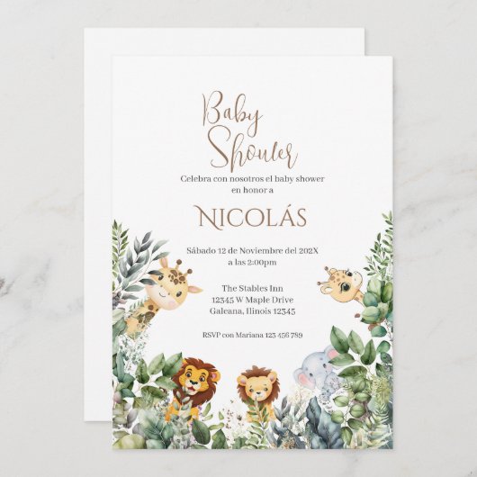 Safari Spanish Baby Shower Boy Einladung (Vorne/Hinten)
