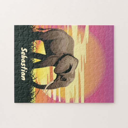Safari Sunset Elephant Silhouette Personalisiert Puzzle (Horizontal)
