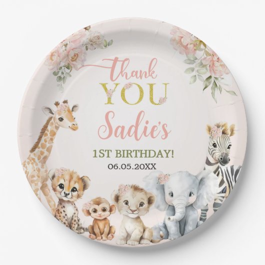 Safari Sweet Girl Floral Birthday Pappteller (Vorderseite)