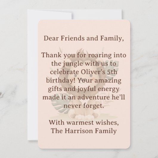 Safari Thank You Card, Oliver Birthday Thank You Dankeskarte (Rückseite)