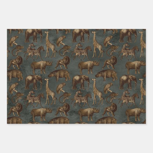 Safari-Tiere auf dunkelgrünen Flächen Geschenkpapier Set (Vorderseite 2)