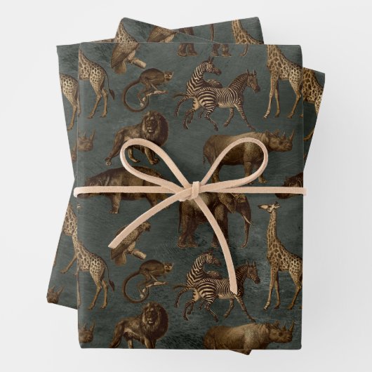 Safari-Tiere auf dunkelgrünen Flächen Geschenkpapier Set (Beispiel)