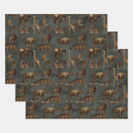 Safari-Tiere auf dunkelgrünen Flächen Geschenkpapier Set (Set)