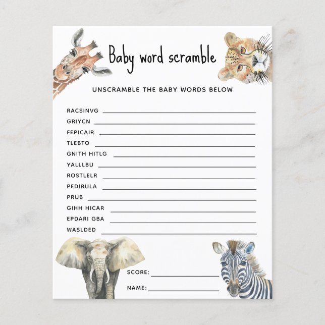 Safari-Tiere - Baby Word Scramble (Vorderseite)