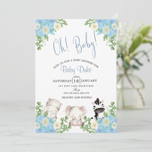 Safari-Tiere Blue Boy Dusche Einladung (Stehend Vorderseite)