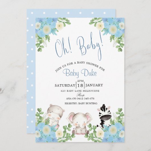 Safari-Tiere Blue Boy Dusche Einladung (Vorne/Hinten)