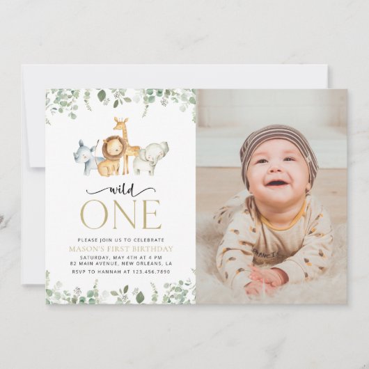 Safari Tiere, Dschungel, Wild One, erster Geburtst Einladung (Vorderseite)