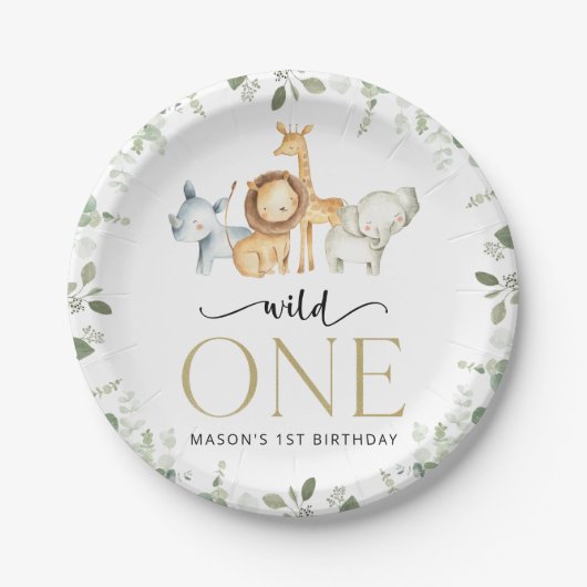 Safari Tiere, Dschungel, Wild One, erster Geburtst Pappteller (Vorderseite)