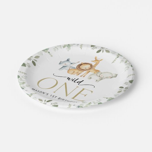 Safari Tiere, Dschungel, Wild One, erster Geburtst Pappteller (Schrägansicht)