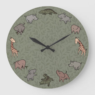 Safari-Tiere (Elefant, Giraffe, Krokodil & Nashorn Große Wanduhr