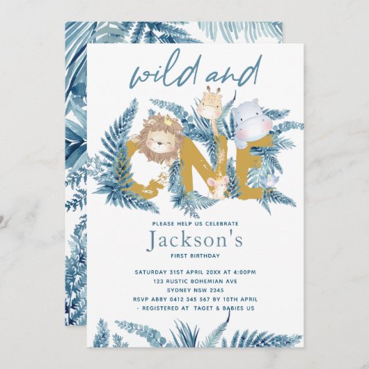 Safari Tiere Exotic erste Geburtstag Einladung (Vorne/Hinten)