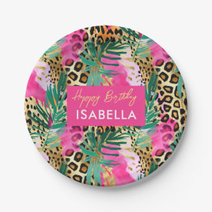 Safari-Tiere Felldruck-Muster Grün Pink Gold Pappteller