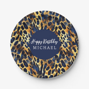 Safari-Tiere Felldruck-Muster Navyblau Gold Pappteller