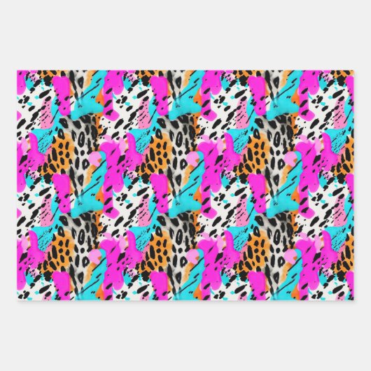 Safari Tiere Fur Druckmuster Muster Neon farbenfro Geschenkpapier Set (Vorderseite 2)