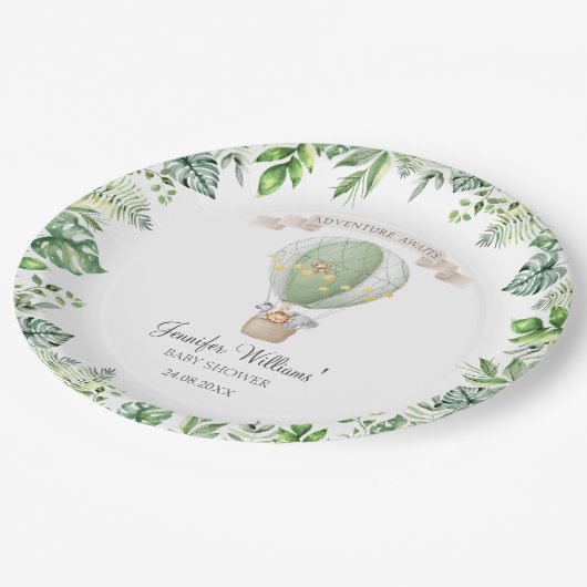 Safari Tiere Heißluftballon Babydusche Pappteller (Schrägansicht)