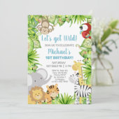 Safari Tiere Junge 1. Geburtstag einladen. invi Einladung (Stehend Vorderseite)