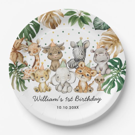 Safari Tiere Jungle Greenery Wild One Birthday Pappteller (Vorderseite)