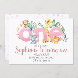 Safari Tiere Jungle Pink Girl Erster Geburtstag Einladung