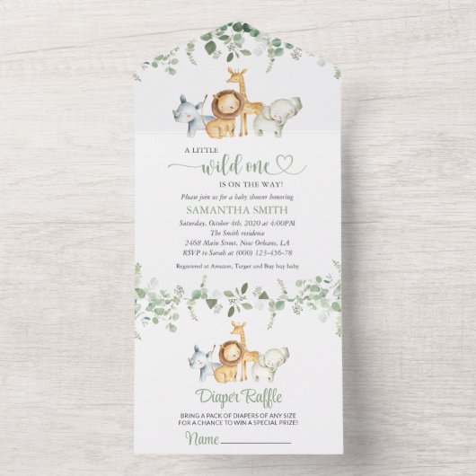 Safari-Tiere, Jungle, Wildtiere, Babydusche All In One Einladung (Innen Boden)