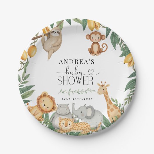 Safari-Tiere Kalligrafie Baby Shower Pappteller (Vorderseite)