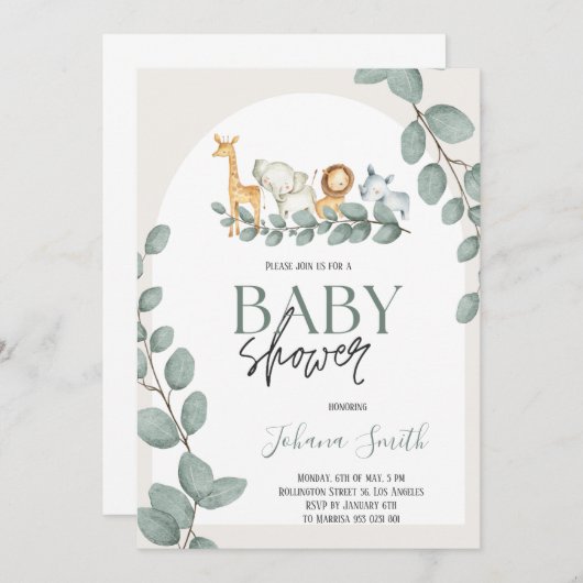 Safari-Tiere Kinderdusche Einladung (Vorne/Hinten)