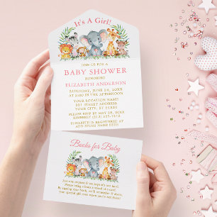 Safari-Tiere Mädchen Rosa Baby-Party und Bücher All In One Einladung