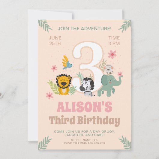 Safari Tiere Pastel Dritter Geburtstag Einladung (Vorderseite)