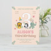 Safari Tiere Pastel Dritter Geburtstag Einladung (Stehend Vorderseite)