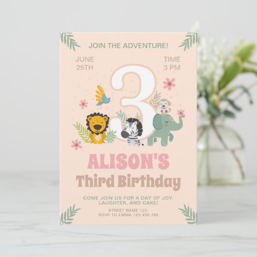 Safari Tiere Pastel Dritter Geburtstag Einladung (Stehend Vorderseite)