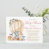 Safari Tiere Pink Floral Air Ballon Babydusche Einladung (Stehend Vorderseite)