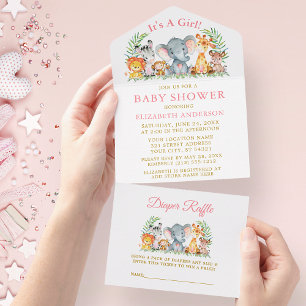 Safari-Tiere Rosa Baby Shower und Tombola Gold All In One Einladung