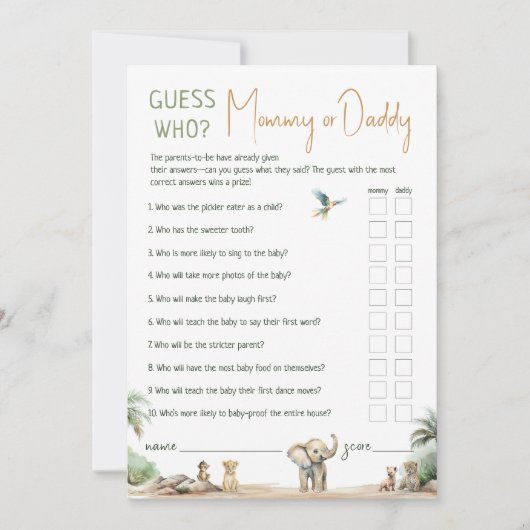 Safari-Tiere schätzen, wer Mama- oder Daddy-Karte Einladung (Vorderseite)