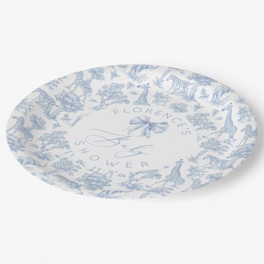 Safari-Tiere Toile de Jouy Baby Dusche Pappteller (Schrägansicht)