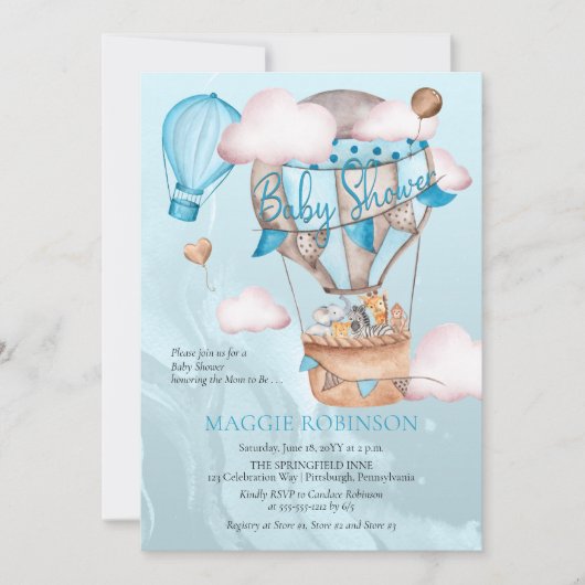 Safari Tiere und Balloons Blue Boy Baby Showdusche Einladung (Vorderseite)