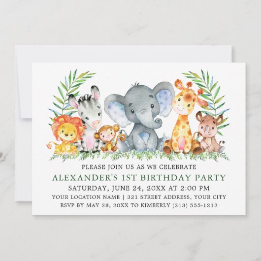 Safari-Tiere Wild 1. Geburtstag Einladung (Rückseite)