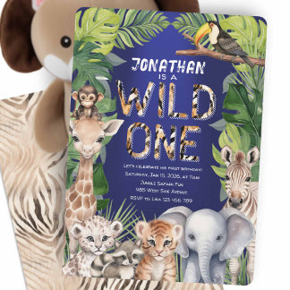 Safari Tiere wild 1 Marine blau 1. Geburtstag Einladung