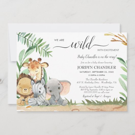 Safari Tiere Wild mit spannender Baby-Dusche Einladung (Vorderseite)