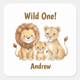 Safari-Tiere Wild One Personalisierter Name Quadratischer Aufkleber