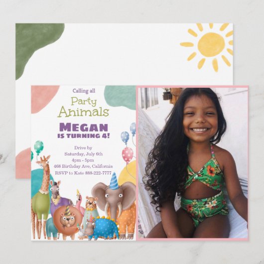 Safari-Tiere zum Geburtstag Einladung mit Foto (Vorne/Hinten)