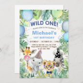 Safari Tierjunge Wild Ein 1. Geburtstag einladen.  Einladung (Vorne/Hinten)