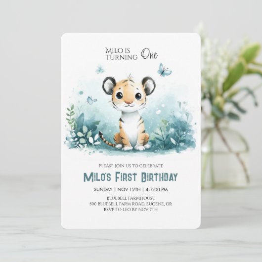 Safari Tiger Einladung zum ersten Geburtstag (Stehend Vorderseite)