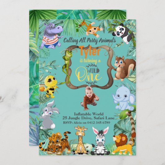 Safari Tropical zum Geburtstag Einladung (Vorne/Hinten)