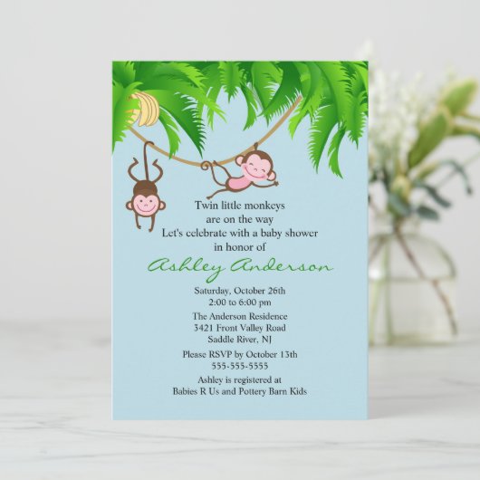 Safari Twin Affen Kinderdusche Einladung (Stehend Vorderseite)