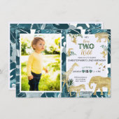 Safari Two Wild Birthday Foto Greenery & Gold Einladung (Vorne/Hinten)