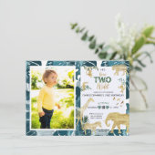 Safari Two Wild Birthday Foto Greenery & Gold Einladung (Stehend Vorderseite)