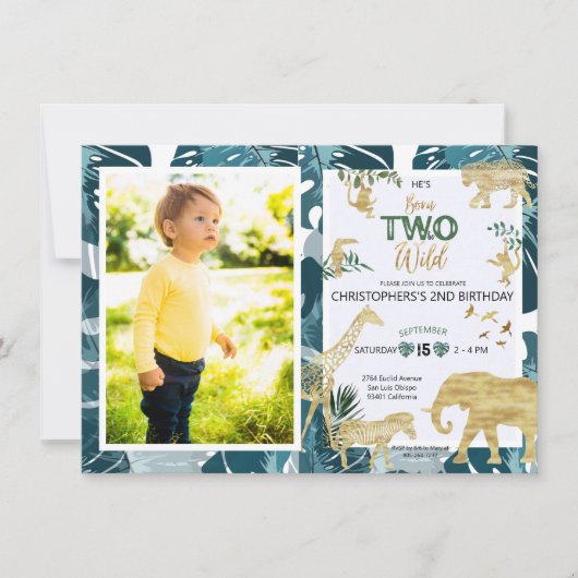 Safari Two Wild Birthday Foto Greenery & Gold Einladung (Vorderseite)