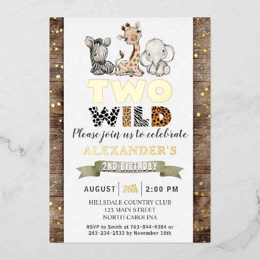 Safari Two Wild Birthday Party Real Gold Folieneinladung (Vorderseite)