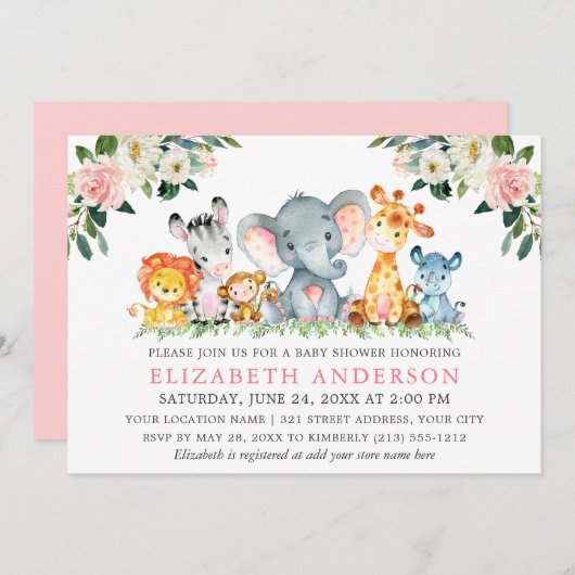 Safari Wasserfarben Tiere Rosa Blütendusche Einladung (Vorne/Hinten)