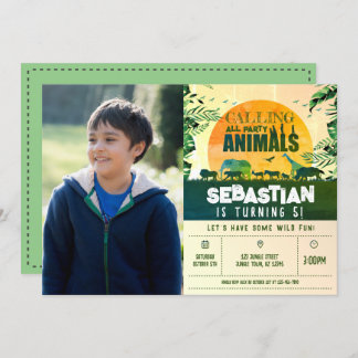 Safari Wild Animal Green Kids Foto Geburtstag Einladung